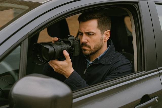 Spousebusters service surveillance. Private investigator inside a parked car using a camera for lawful surveillance and evidence documentation.